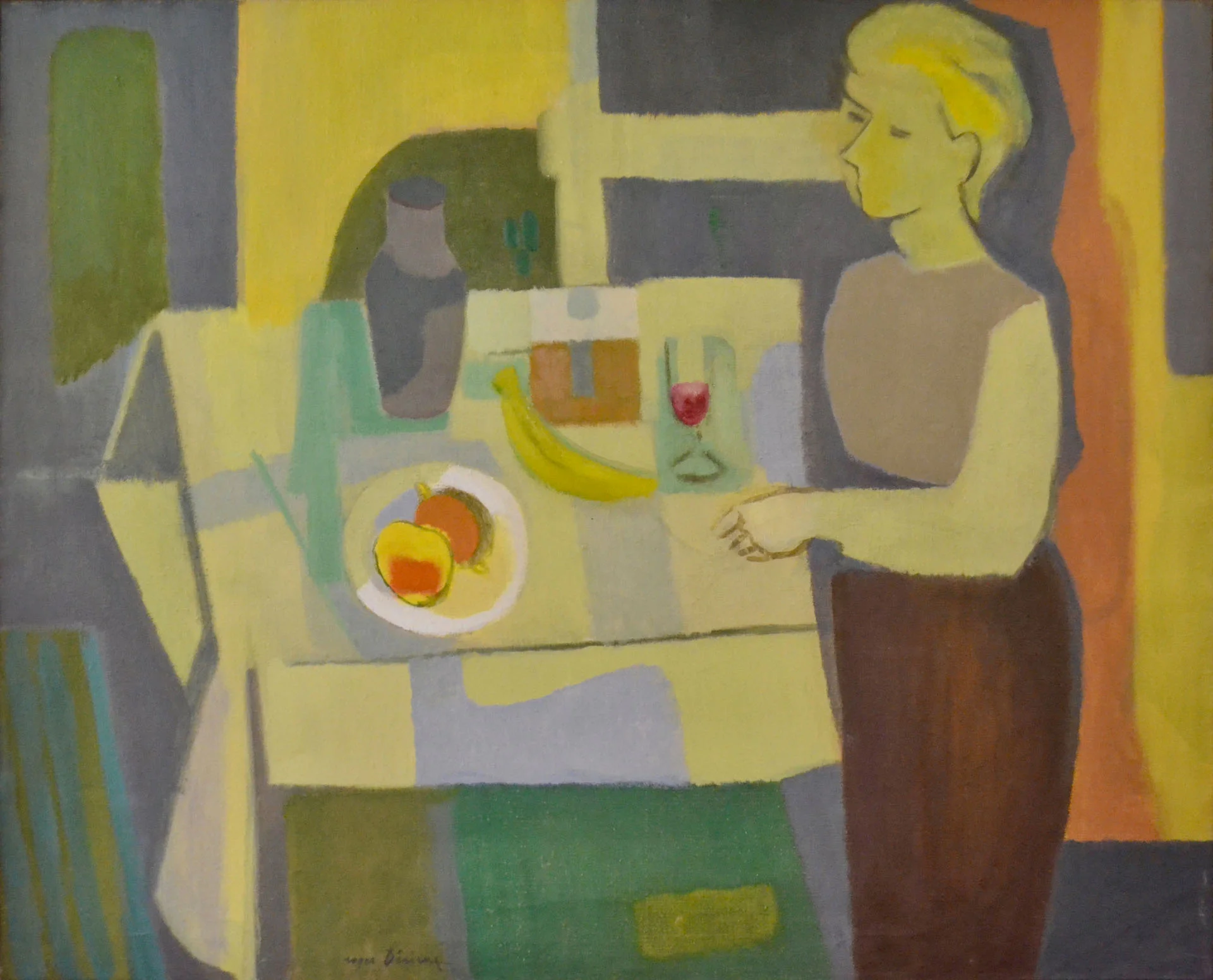P00 08100 1954 000309
Reine à la table jaune
1954
Huile sur toile
81 x 100 cm
Collection particulière, Suisse